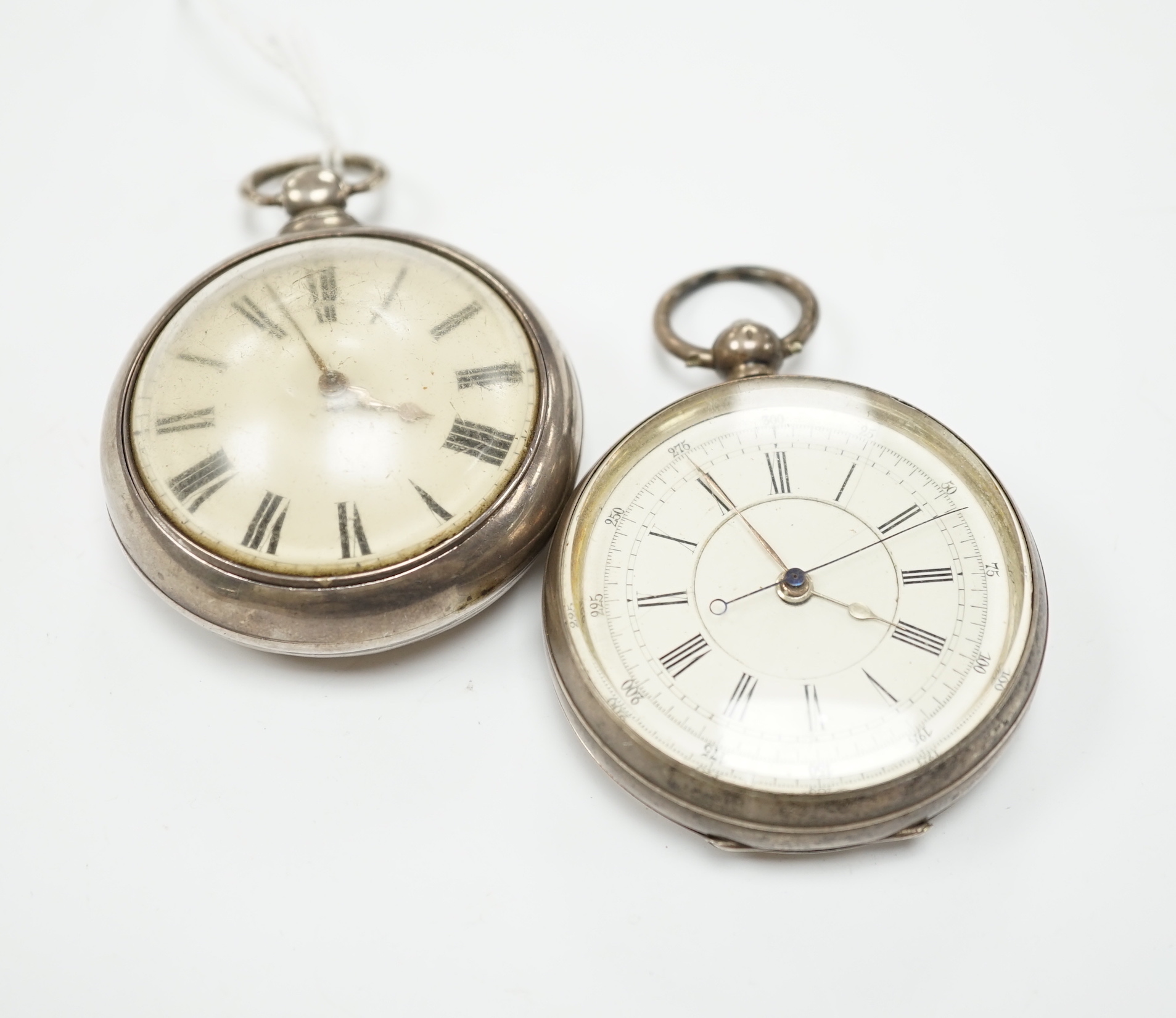 A 19th century silver pair cased open face keywind pocket watch, with Roman dial and a Swiss white metal open face chronograph pocket watch, with Roman dial.